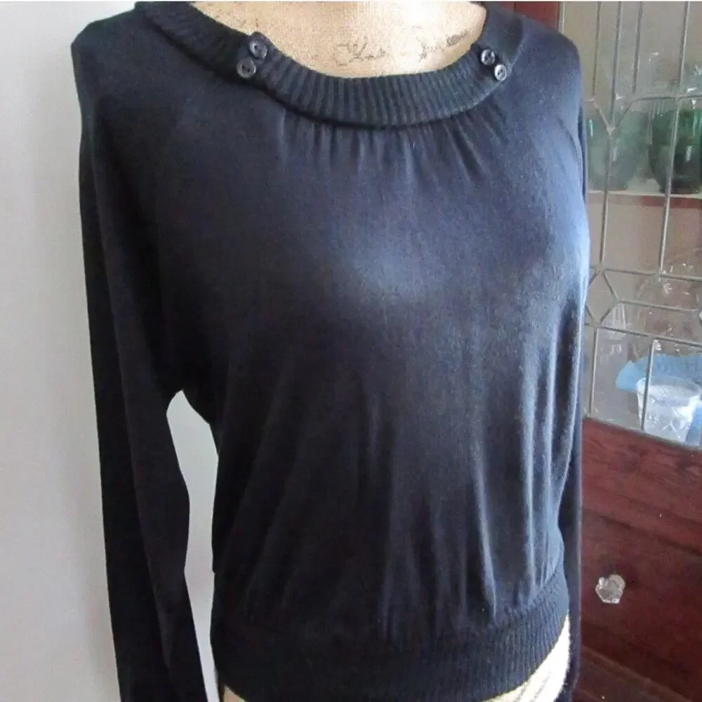 70s Vintage Black Boatneck Sweater Size M Buttons Long Sleeve Minimalist Goth